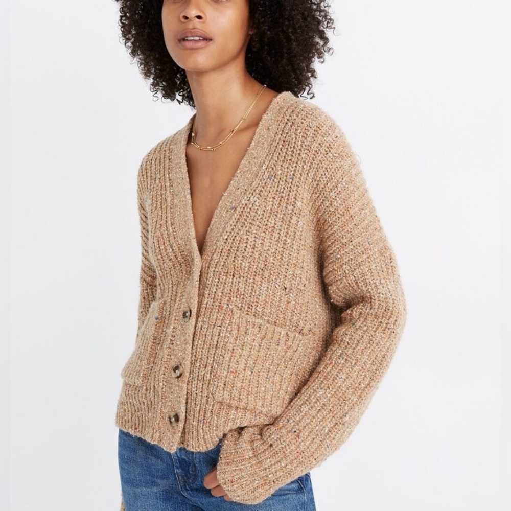Madewell Speckled Rib Cardigan Sweater in Marled Acorn | Size XL